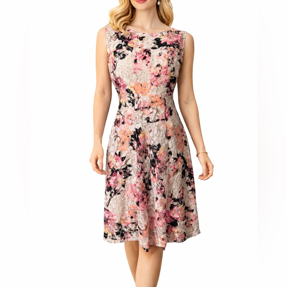 Lane Bryant Dress Pink Orange Black 14 Floral A Line Career Church Party